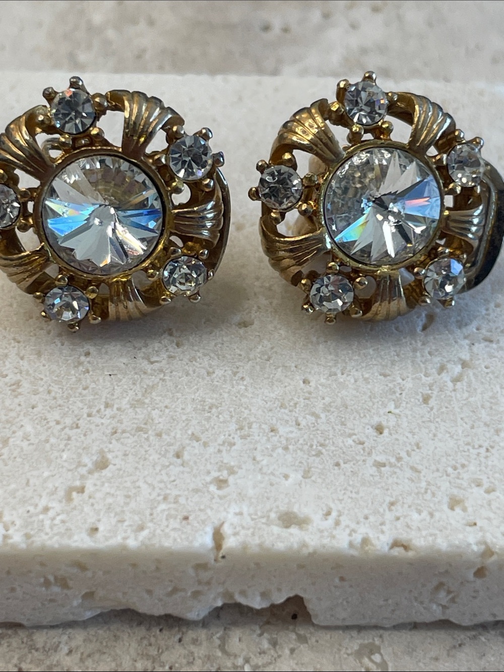 Vintage Gold and Clear Crystal Round Clip-On Earrings